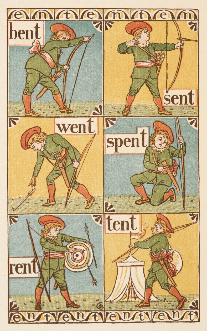 T betűre végződő rímszavak. Egy fiú íjjal és nyíllal. Az Arany alapozó. alkotó: Walter Crane