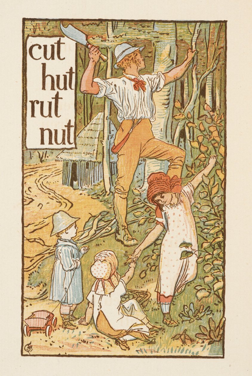 T betűre végződő rímszavak. Illusztráció, egy fát vágó férfit ábrázol. Három gyerek van vele. Az Arany alapozó. alkotó: Walter Crane