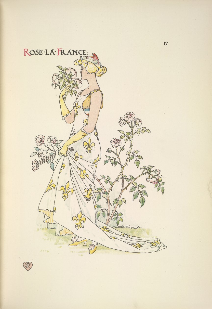 Rose La France. Egy fiatal nő illata egy csokor virágot alkotó: Walter Crane