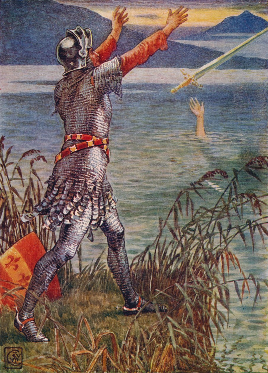 Sir Bedivere a tóba dobja az Excalibur kardot, 1911. alkotó: Walter Crane