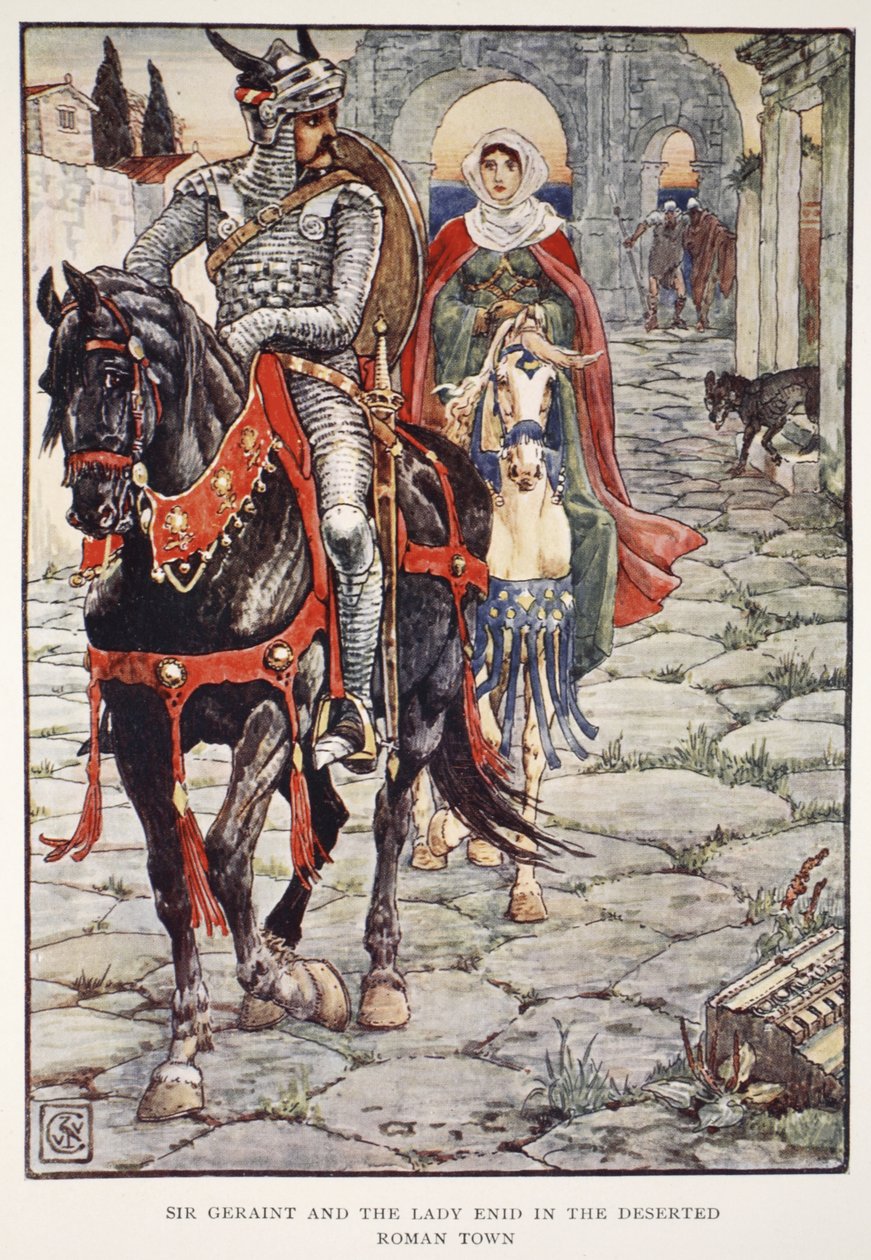 Sir Geraint és Lady Enid a kihalt római városban, Henry Gilbert „A kerekasztal lovagjai történetei” című művéből, első kiadás, 1911 alkotó: Walter Crane