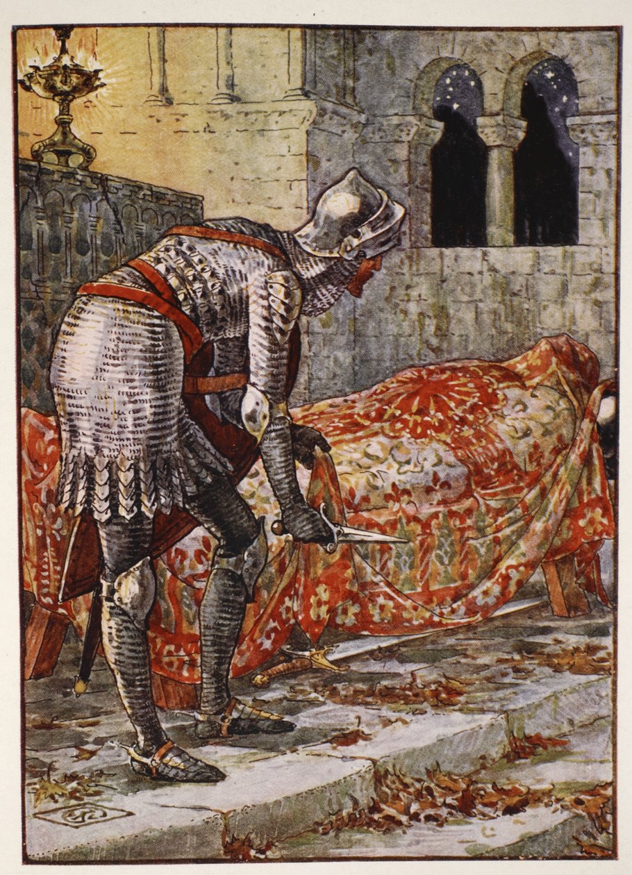 Sir Lancelot a Veszélyes kápolnában, Henry Gilbert "A kerekasztal lovagjainak történetei" című művéből, első kiadás, 1911. alkotó: Walter Crane