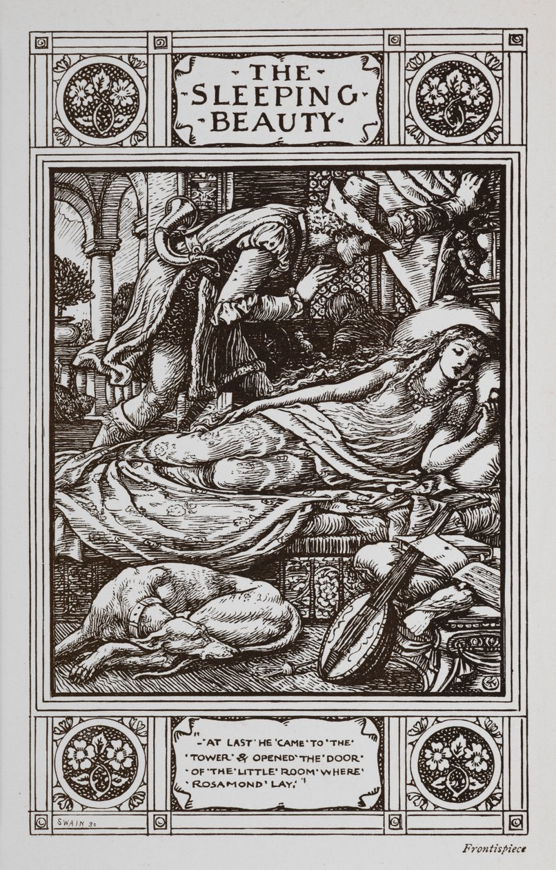 Csipkerózsika alszik körülötte egy alvó kutya és egy hangszer, miközben Bűbájos herceg vigyáz rá. alkotó: Walter Crane