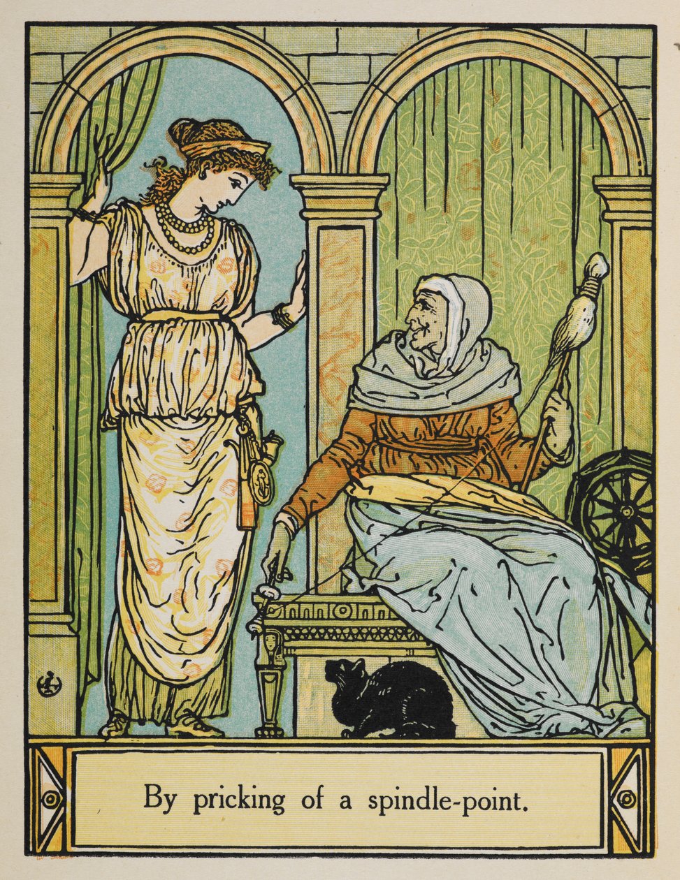 Csipkerózsika egy öregasszony mellett áll, forgó kerékkel és cérnával. Egy fekete macska ül alatta. alkotó: Walter Crane