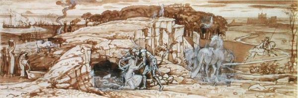 Tanulmány a "The Laidley Worm of Spindleston Heugh"-hoz, 1881 körül (ceruza, barna mosás és kínai fehér papíron) alkotó: Walter Crane