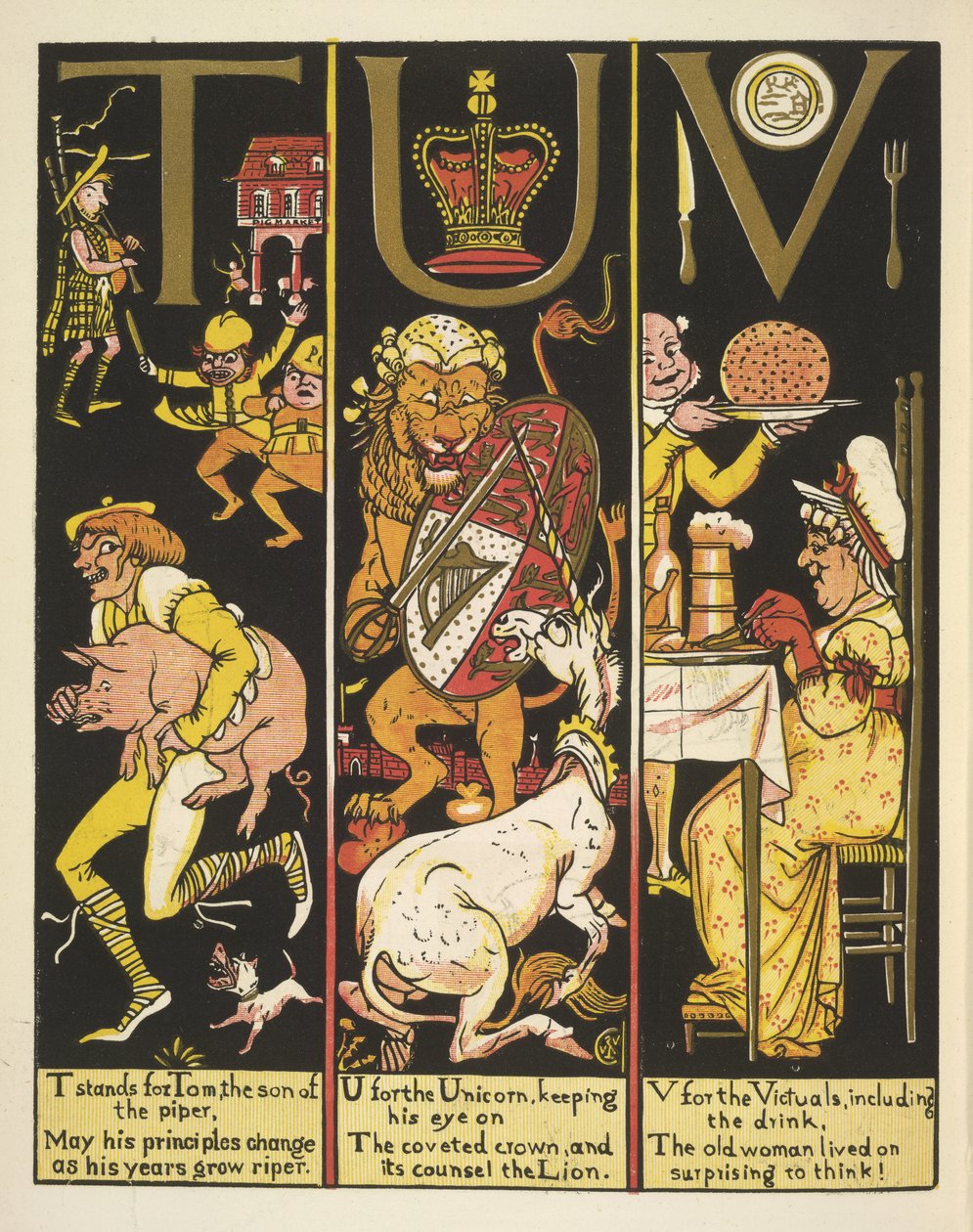 A TUV-T a Tomot, a pipás fiát jelenti; U az egyszarvú; és V az élelemért alkotó: Walter Crane
