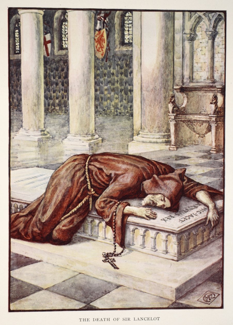 Sir Lancelot halála, Henry Gilbert „A kerekasztal lovagjai történetei” című művéből, első kiadás, 1911 alkotó: Walter Crane