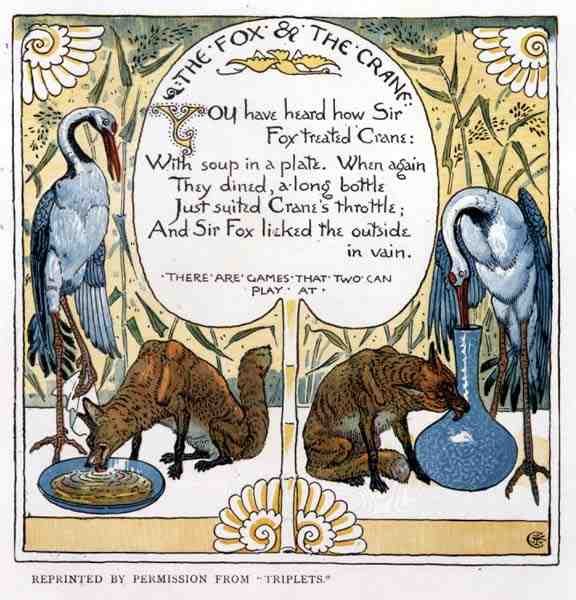A róka és a daru, a Hármaspárból alkotó: Walter Crane