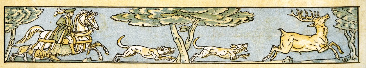 "A vadászat fel, és már közel a nap, és Harry, a királyunk elment vadászni", dalillusztráció a "Pan-Pipes", A Book of Old Songs, Newly Arranged and with Accompaniments by Theo. Marzials, kiadó alkotó: Walter Crane