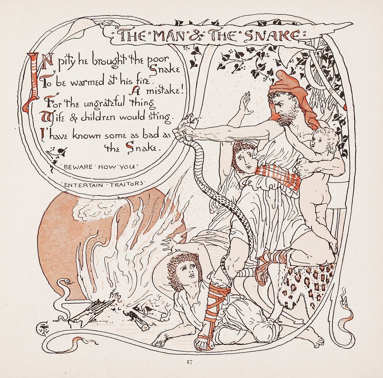 Az ember és a kígyó, illusztráció az Aesops Fables-ből, pub. 1887 alkotó: Walter Crane