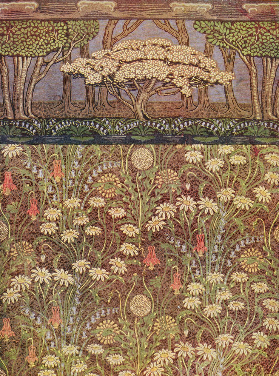 "A rét" tapéta, "A májusfa" frízzel, 1905 körül (nyomtatás) alkotó: Walter Crane