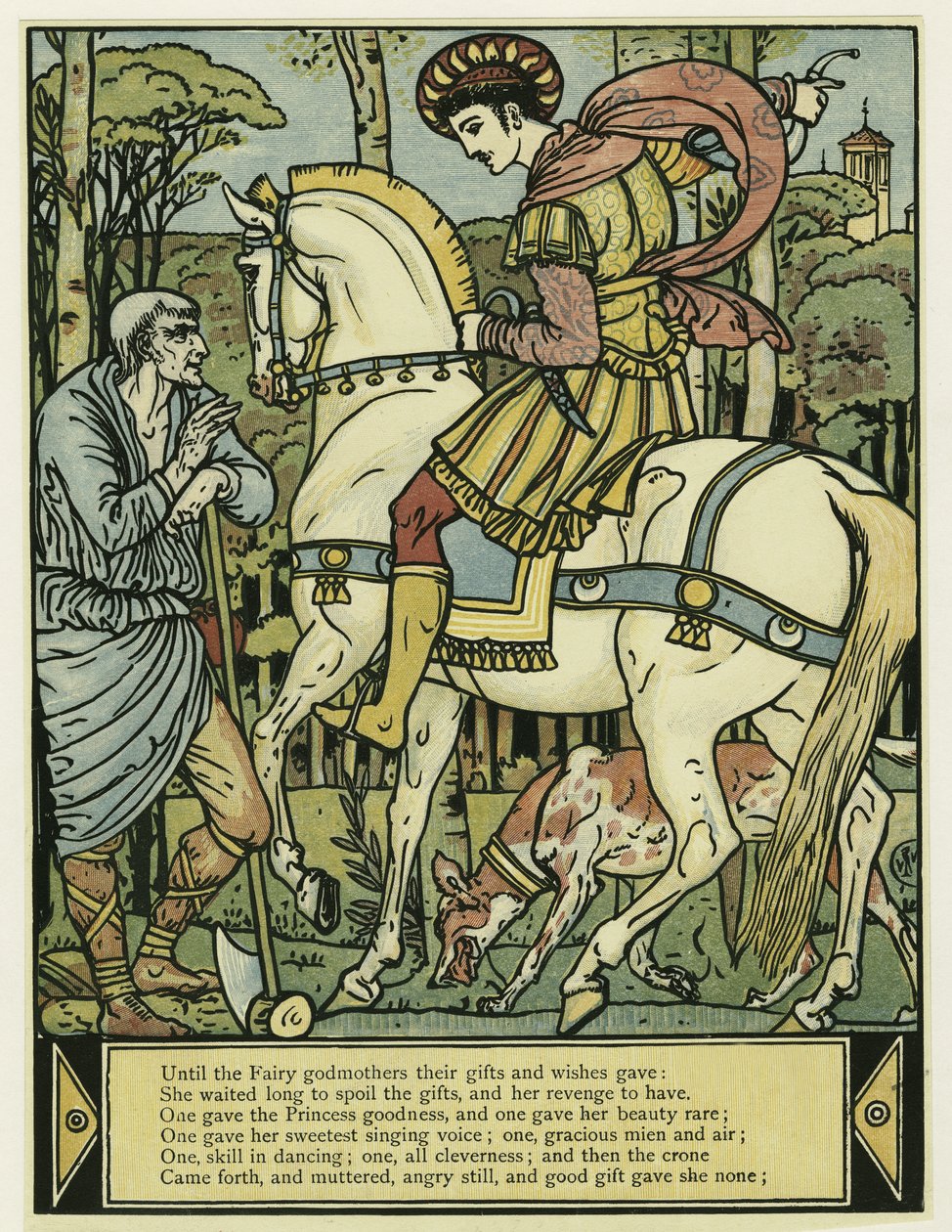 A herceg útbaigazítást kér, a Kékszakállú képeskönyvből, kocsmából. 1879 (színes litó) alkotó: Walter Crane