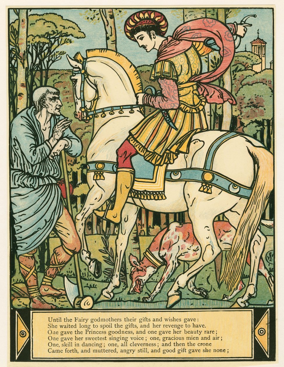 A herceg útbaigazítást kér, a Kékszakállú képeskönyvből, kocsmából. 1879 színes litográfia, 1879. alkotó: Walter Crane