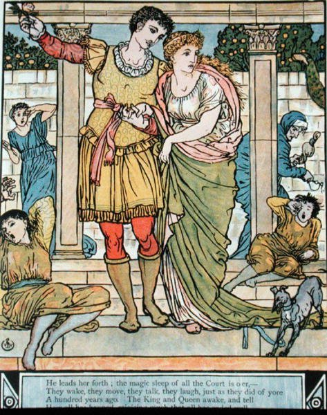 A herceg megmenti a hercegnőt, illusztráció Charles Perrault (1628-1703) „Csipkerózsika” című művéhez (színes metszet) alkotó: Walter Crane