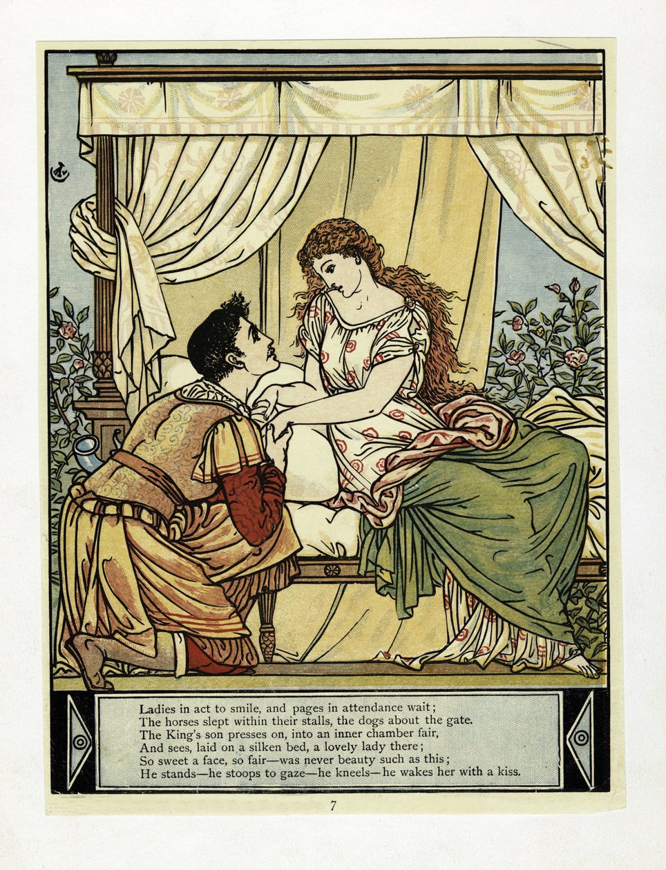 A herceg felébreszti a szépséget, a Kékszakállú képeskönyvből, kocsmából. 1879 (színes litó) alkotó: Walter Crane