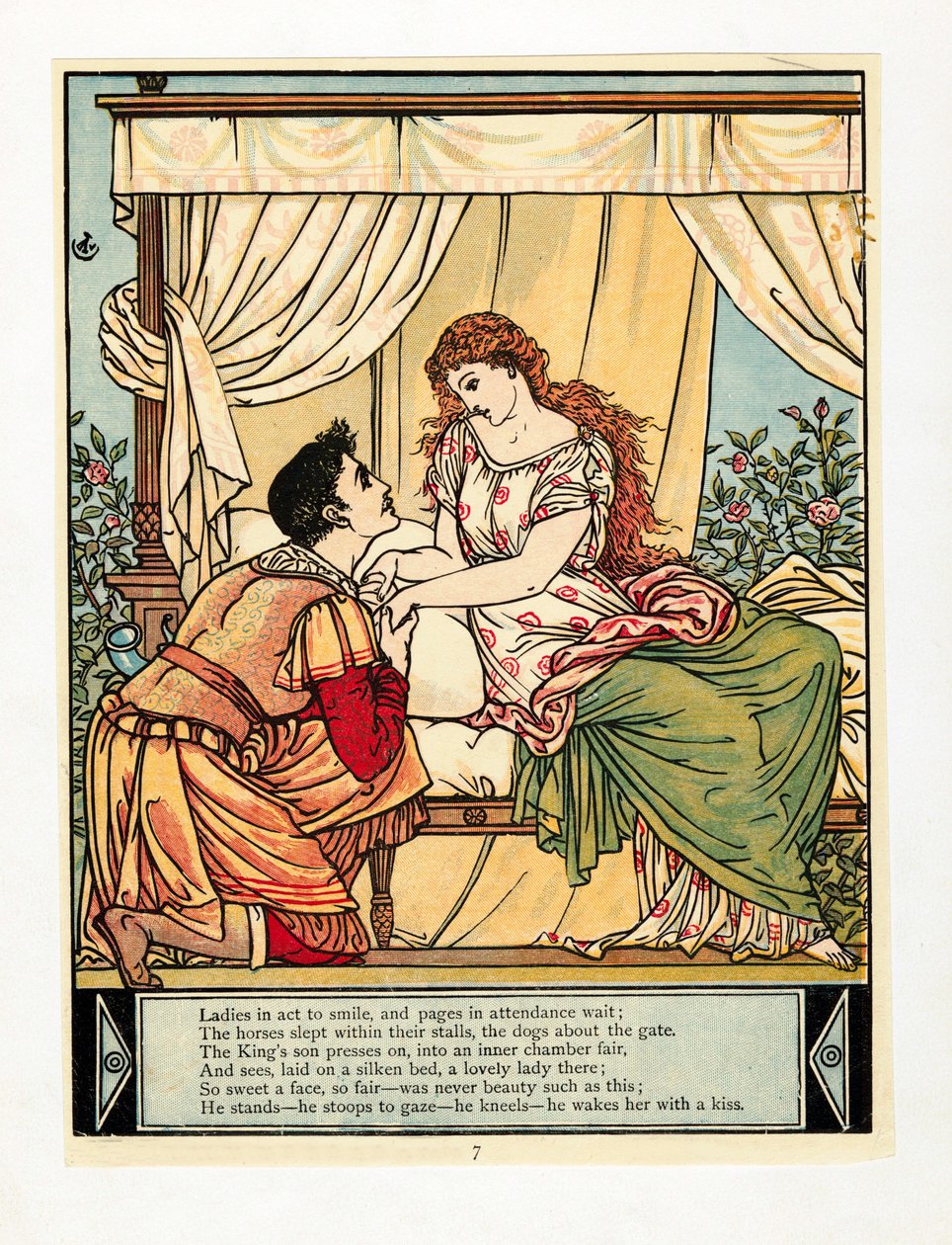 A herceg felébreszti a szépséget, a Kékszakállú képeskönyvből, kocsmából. 1879 színes litográfia, 1879. alkotó: Walter Crane