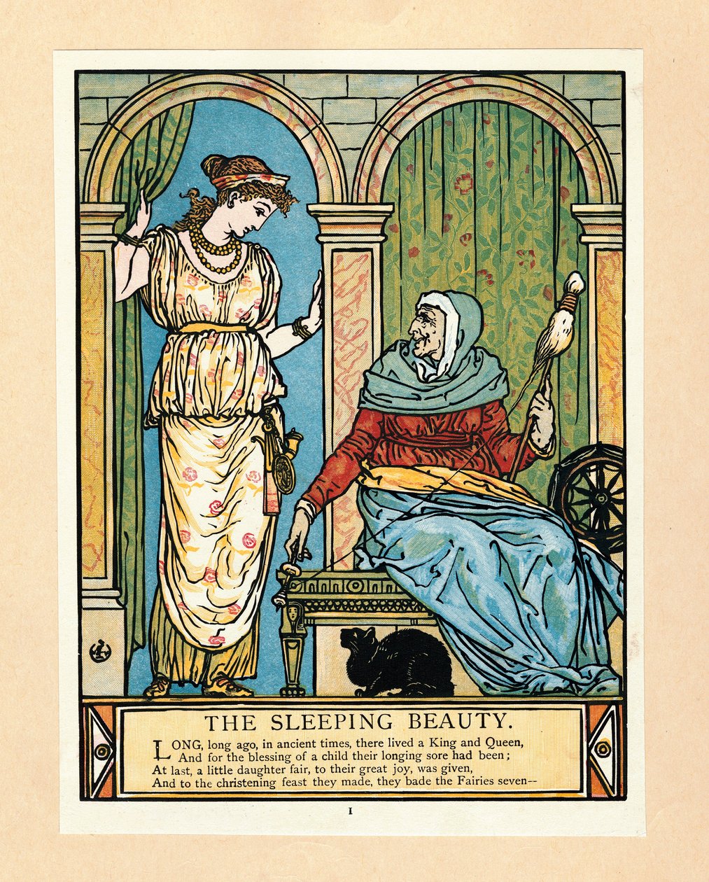 A hercegnő forogni tanul, a Kékszakállú képeskönyvből, kocsmából. 1879 színes litográfia, 1879. alkotó: Walter Crane