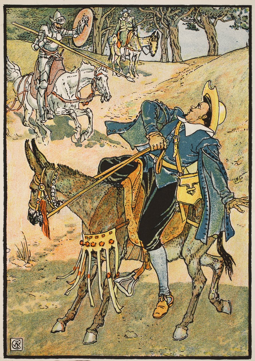 A mambrinoi sisak gazdag elnyerése, illusztráció a Mancha Don Quijotéjából, amelyet Parry bíró újra elmesélt, pub. Blackie und Son Ltd., London, 1900 alkotó: Walter Crane