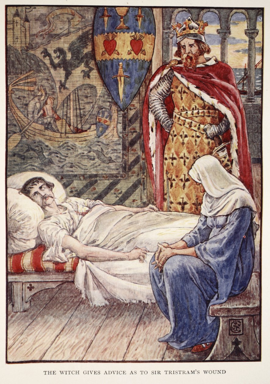 A boszorkány tanácsot ad Sir Tristram sebével kapcsolatban Henry Gilbert „A kerekasztal lovagjai történetei” című könyvéből, első kiadás, 1911 alkotó: Walter Crane