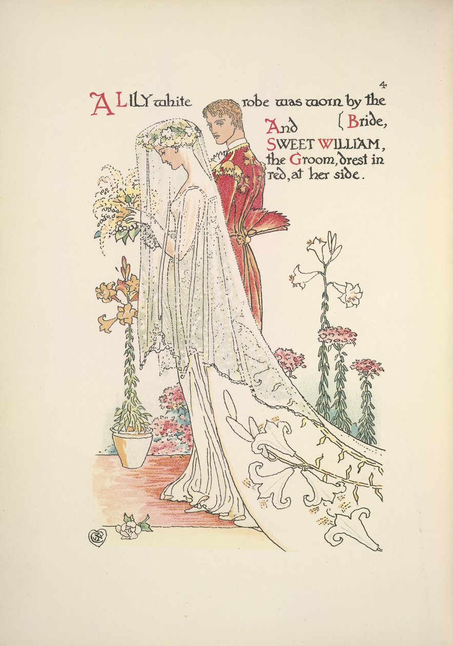 A menyasszony és a vőlegény. Egy liliomfehér köntös, amelyet a menyasszony viselt, és az édes Vilmos, a vőlegény vörösbe öltözött alkotó: Walter Crane