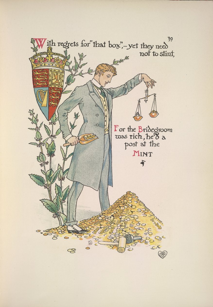 A vőlegény a vagyonát mérő mérleget tart kezében alkotó: Walter Crane