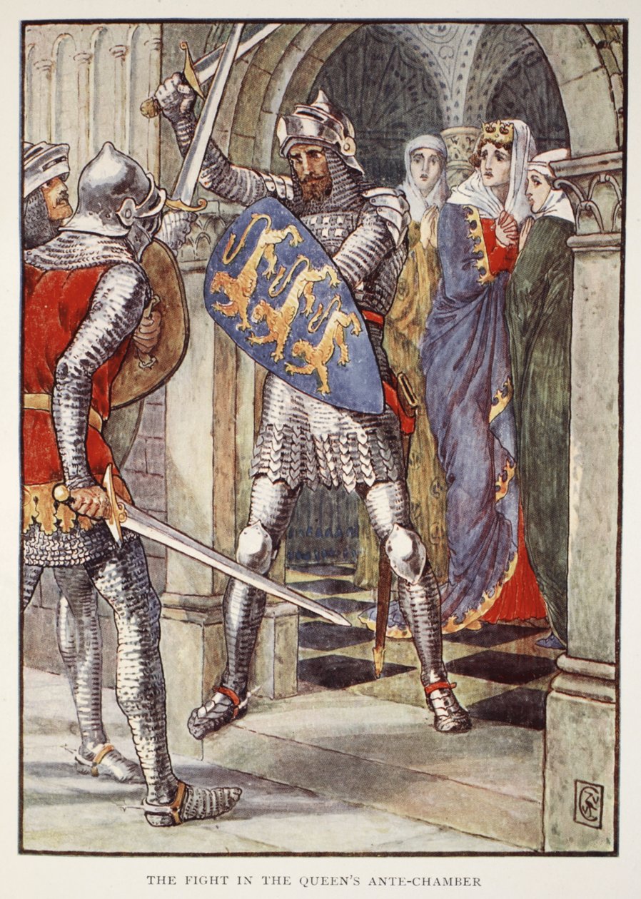 A harc a királynő előszobájában, Henry Gilbert "A kerekasztal lovagjainak történetei" című művéből, első kiadás, 1911. alkotó: Walter Crane