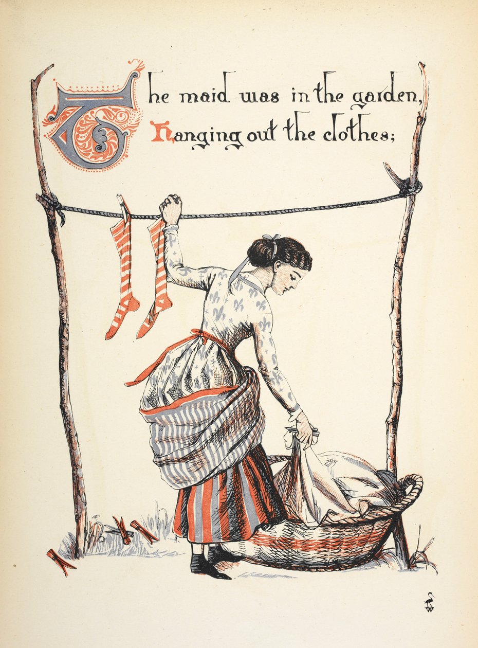 A szobalány a kertben lógott a ruhákkal. alkotó: Walter Crane