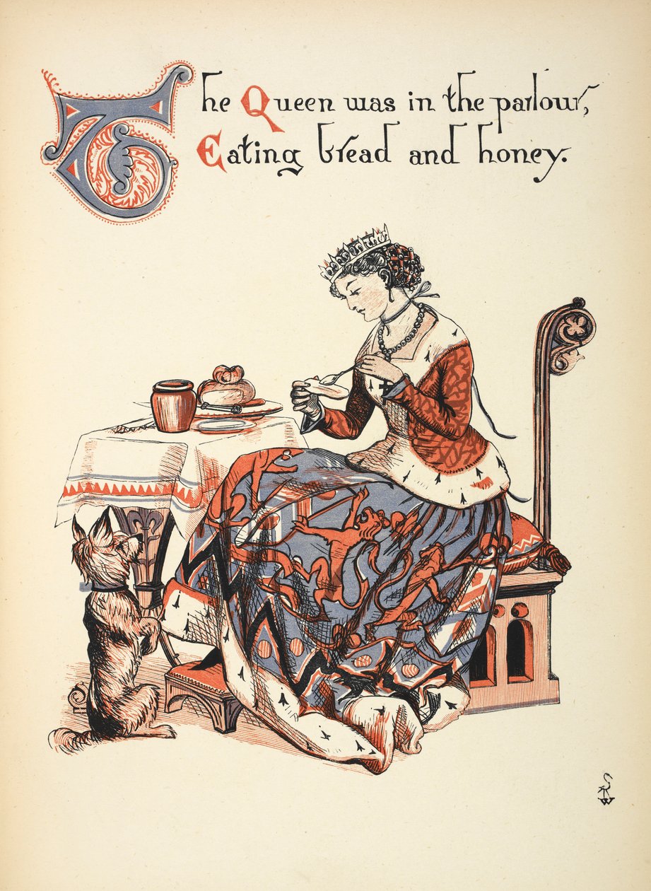 A királyné a szalonban volt, kenyeret és mézet evett. alkotó: Walter Crane