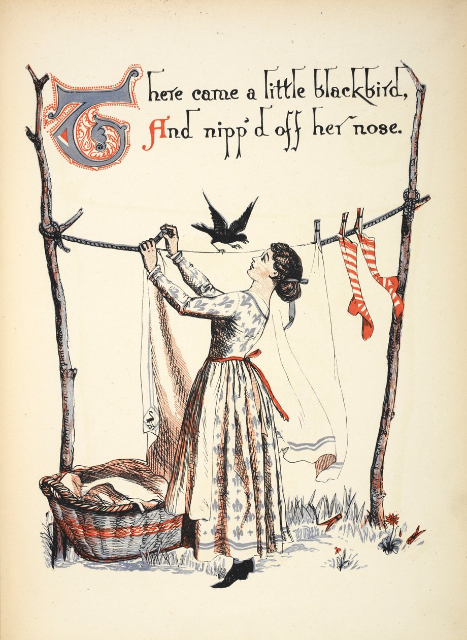Jött egy kis feketerigó, és lecsípte az orrát. alkotó: Walter Crane