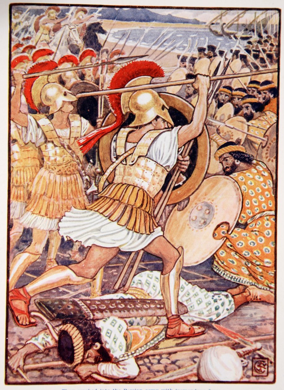 Óriási erővel ütköztek a perzsa hadseregbe, illusztráció Mary Macgregor „Görögország története” című művéből, 1. kiadás, 1913 (színes nyomtatás) alkotó: Walter Crane
