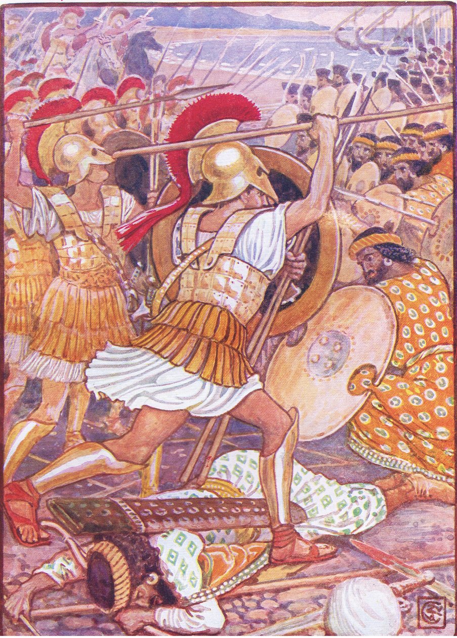 Óriási erővel csapódtak a perzsa hadseregbe, illusztráció a Görögország története, 1930-as évekből alkotó: Walter Crane