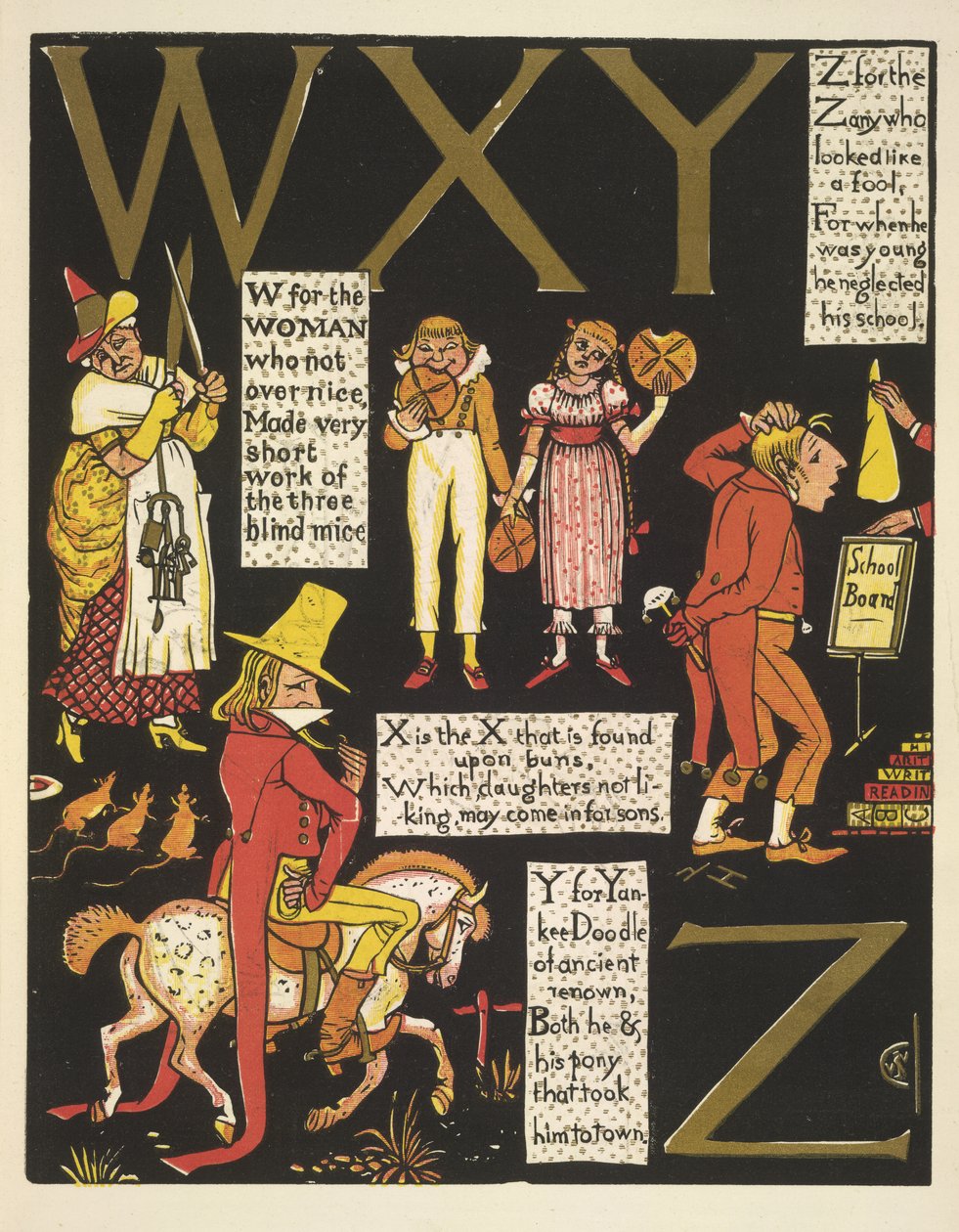 WXYZ- W annak a nőnek, aki nem volt túl kedves; X az X, amely a zsemléken található; Y – yankee doodle; és Z a bolondnak látszó bolondnak alkotó: Walter Crane