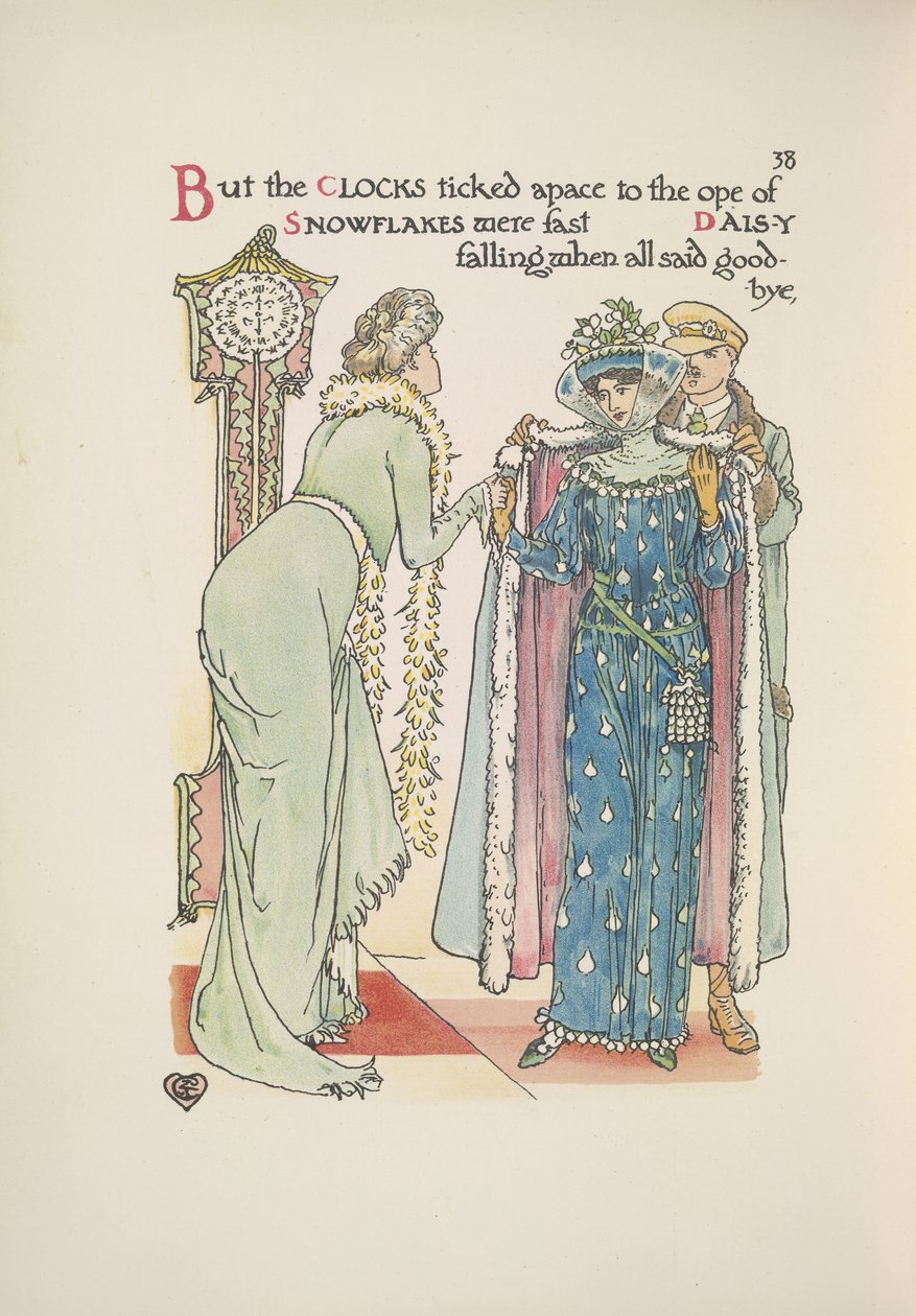 Esküvői vendégek távoznak. Egy hölgy búcsúzik; egy férfi segít neki felvenni a kabátját alkotó: Walter Crane