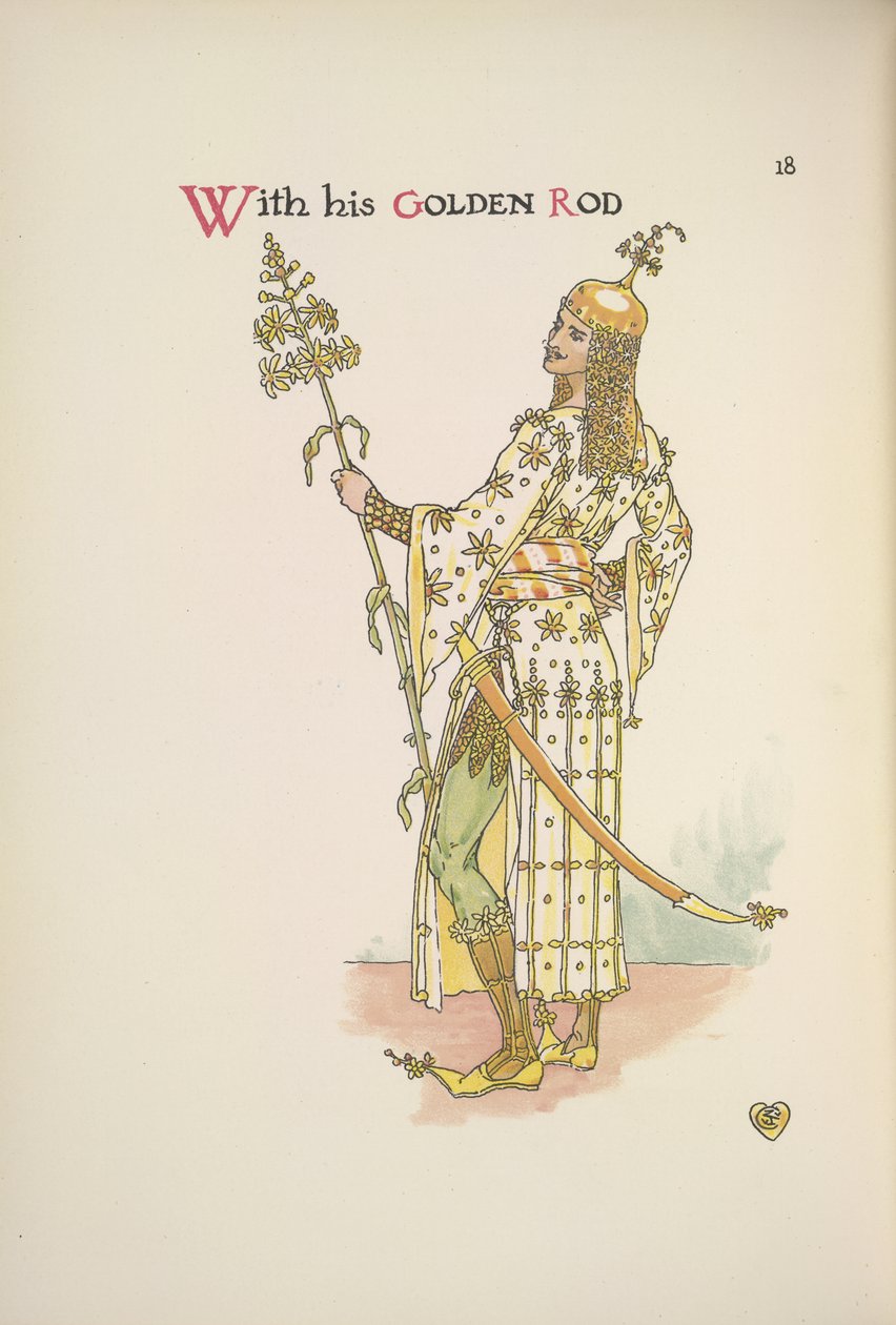 Aranybotjával. Egy férfi, aki egy hosszú szárú növényt tart alkotó: Walter Crane