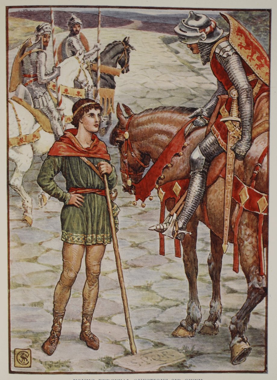 Fiatal Percival Questions Sir Owen, Henry Gilbert „A kerekasztal lovagjai történetei” című könyvéből, első kiadás, 1911 alkotó: Walter Crane
