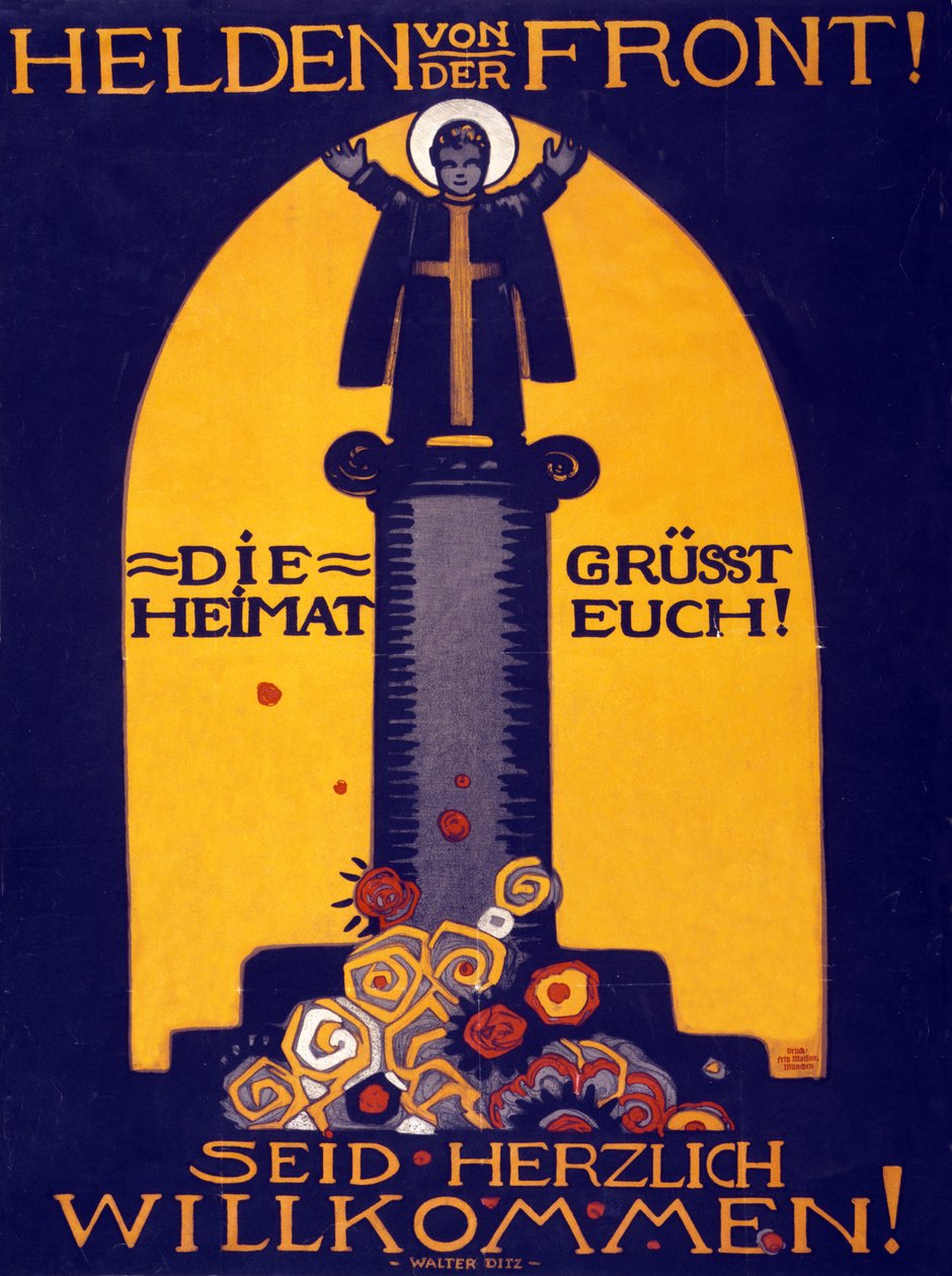 Német első világháborús plakáthősök a frontról, a haza köszönt! Üdvözlő pub. 1915 (színes litográfia) alkotó: Walter Ditz