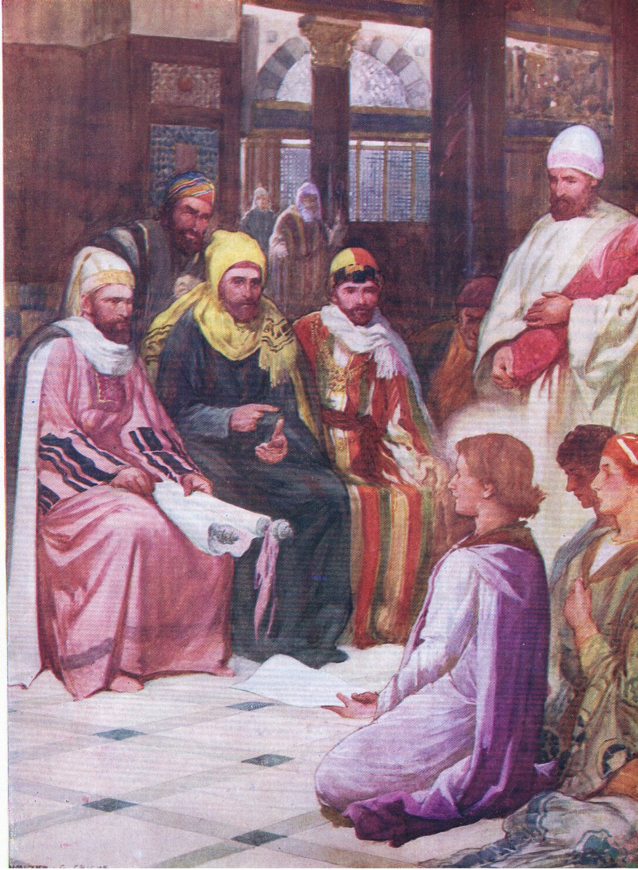 A fiú Jézus a templomban, a Thomas Nelson által kiadott Biblia Képeskönyvből, 1950 körül alkotó: Walter Grieve