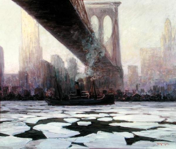 Hajó fagyott vízben a Brooklyn híd alatt (olaj, vászon) alkotó: Walter Koeniger