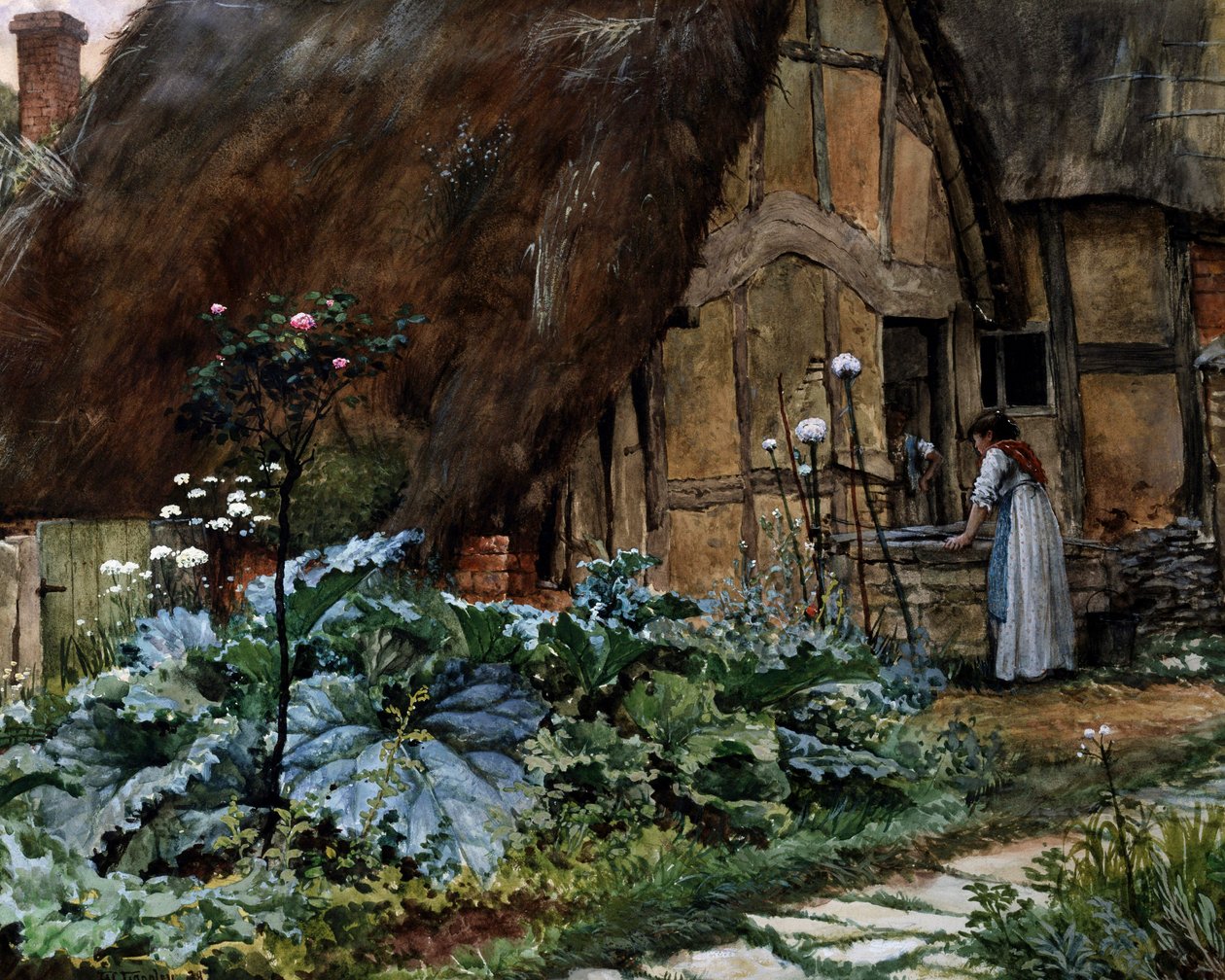 A házikó mellett. Beszélgetés egy pajta ablakánál. Well Walter Langley (1852-1922 brit) festménye Magántulajdonban lévő gyűjtemény. alkotó: Walter Langley