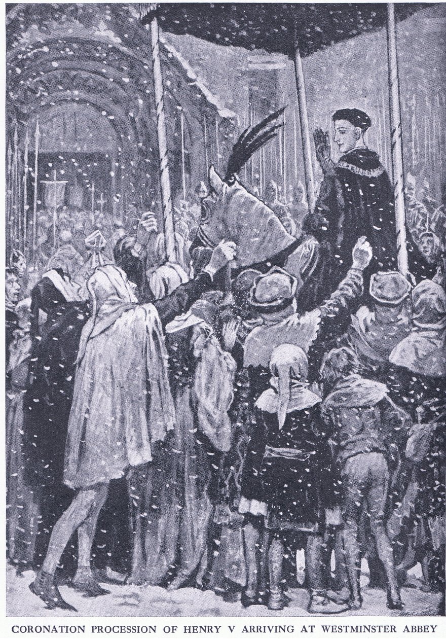 V. Henrik koronázási körmenete a Westminster Abbey-be érkezve 1413-ban a Cassells History of the British People című könyvből, amelyet a Waverley Book Company Limited adott ki, 1940 körül alkotó: Walter Paget
