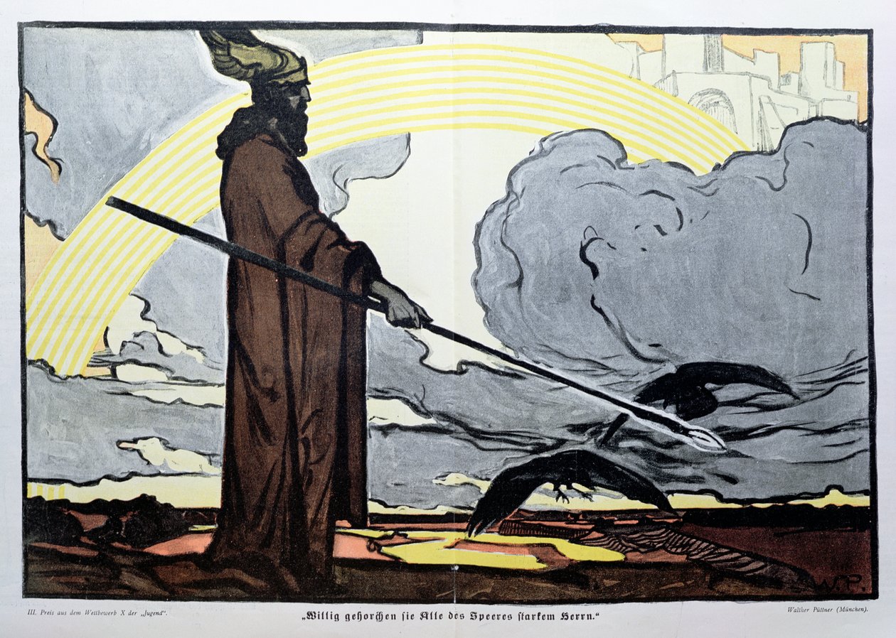 Odin a két varjúval, Huginnal (gondolat) és Muninnal (emlékezet). alkotó: Walter Puttner