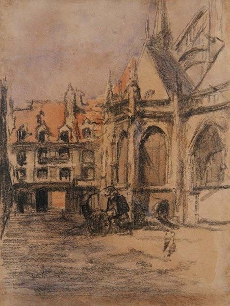 Rue Sainte Catherine és a régi árkádok, Dieppe, 1900 körül (szén és akvarell) alkotó: Walter Richard Sickert