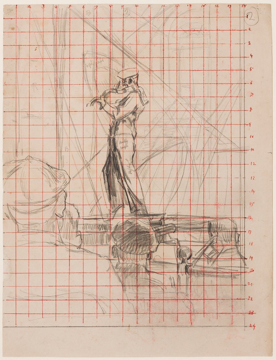 A hegedűs, 192223 (ceruza papíron, piros tintával négyzet alakú áthelyezéshez) alkotó: Walter Richard Sickert