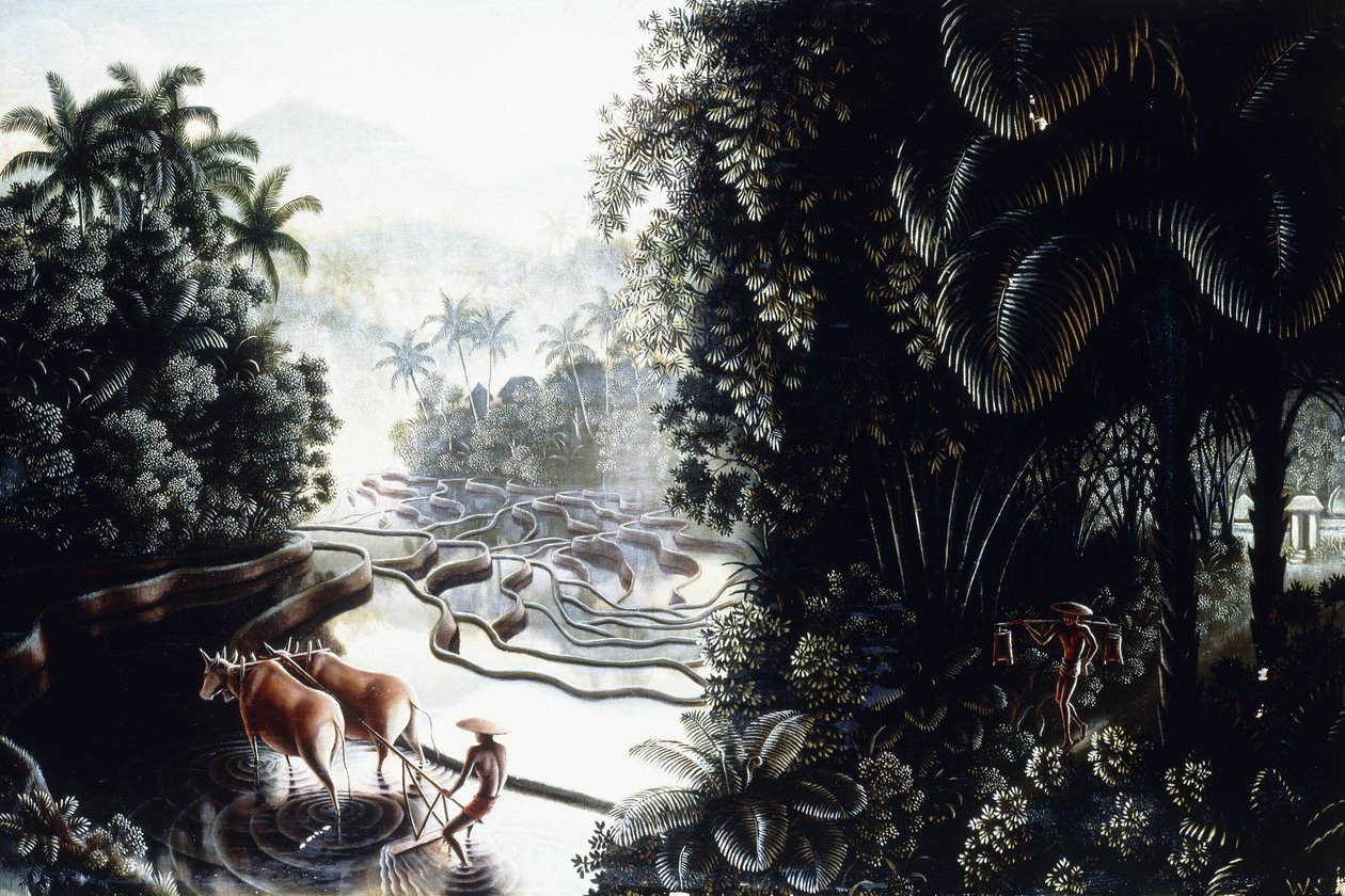 Kilátás a Sawah-ról Gunung Agungra, c. 1937-1939 (olaj a fedélzeten) alkotó: Walter Spies