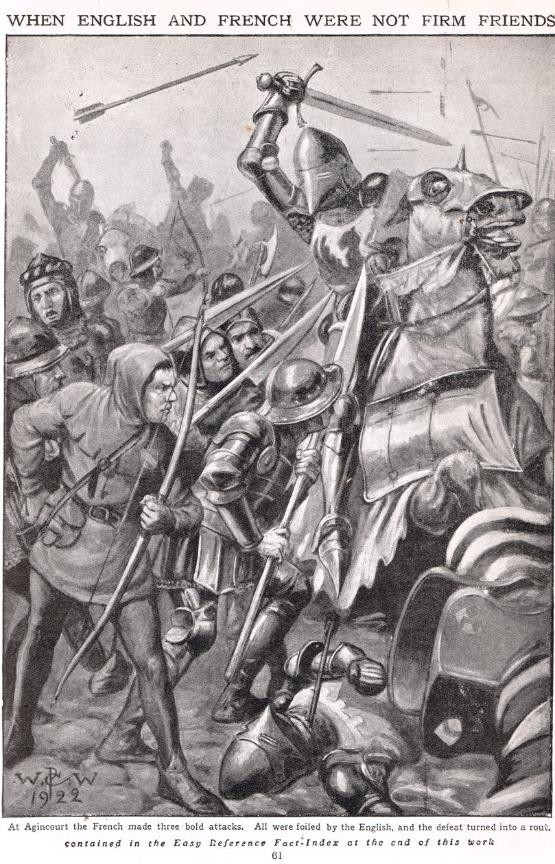 Amikor a franciák és az angolok harcoltak Agincourtnál, illusztráció: „Newnes Képes Tudáskönyv”, 1920 körül alkotó: Walter Stanley Paget