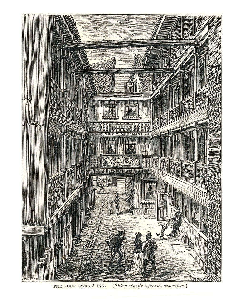 A Four Swans Inn röviddel a bontás előtt, 1878-ban alkotó: Walter Thornbury