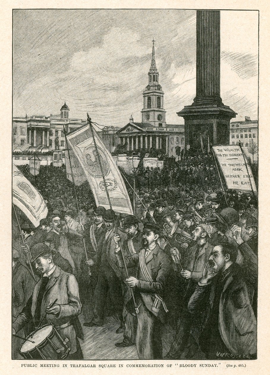 Nyilvános gyűlés a Trafalgar téren a Véres Vasárnap emlékére (metszet) alkotó: Walter Westley Russell