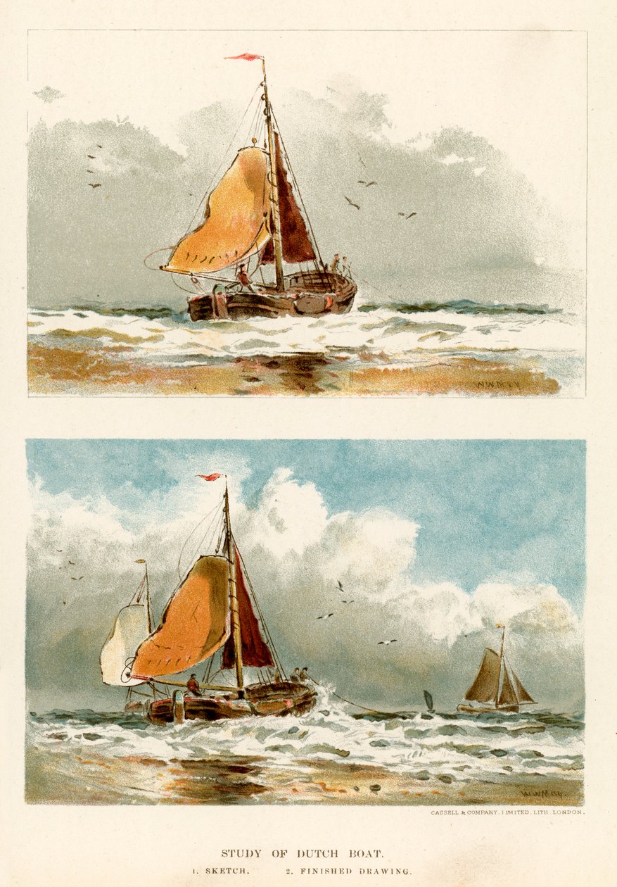 Holland hajó tanulmánya (színes litográfia) alkotó: Walter William May