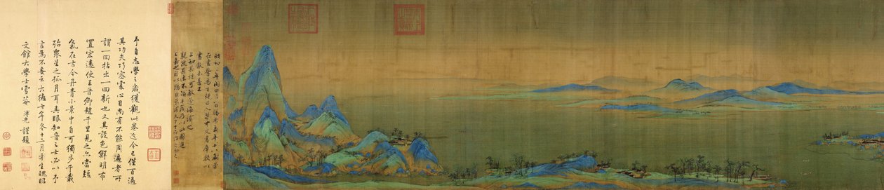 Végezze el a részleteket az Ezer Li vagy a River and Mountains (千里 江山) kézi görgetésből tintával és színes selyemmel. 11,91 méter x 55,8 cm. (a tekercs vége) Található a Palace Museumban, Pekingben alkotó: Wang Ximeng