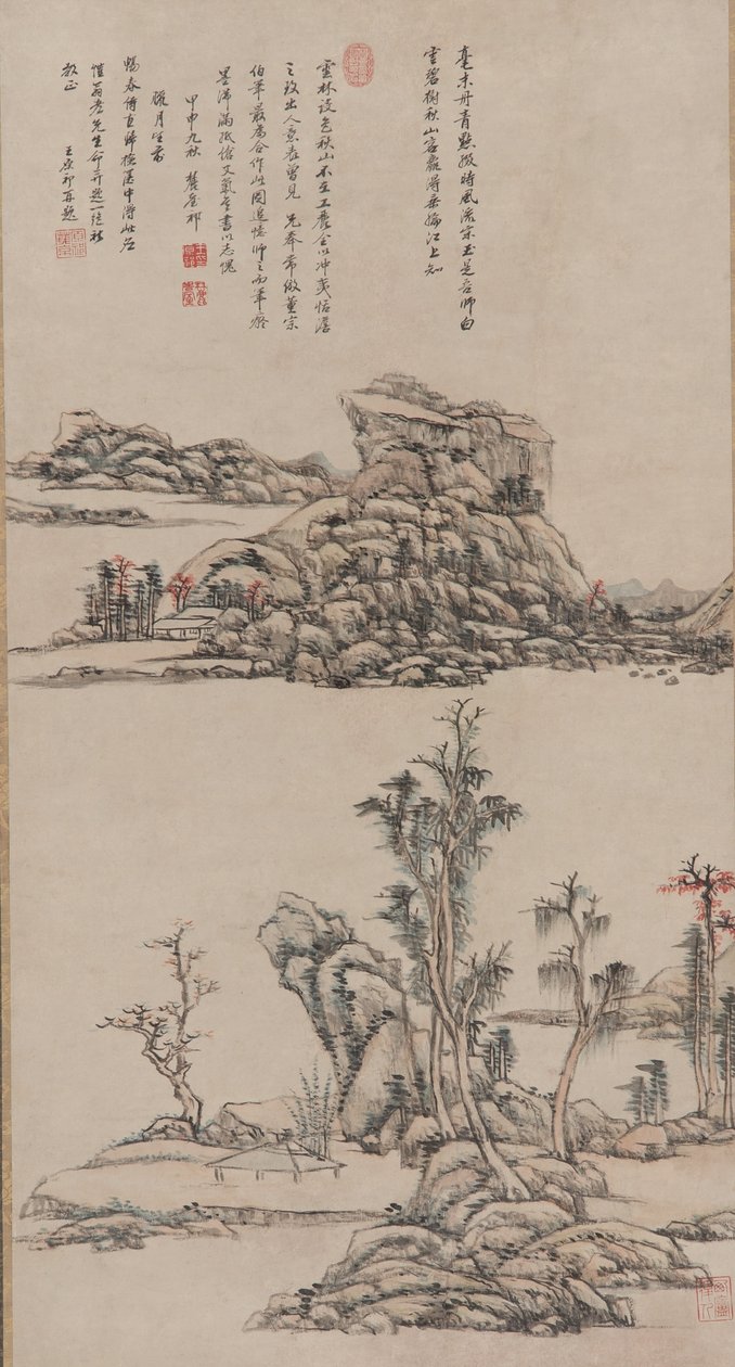 Őszi hegyek Ni Zan stílusában, Qing-dinasztia, 1704 (tinta és szín a papíron) alkotó: Wang Yuanqi